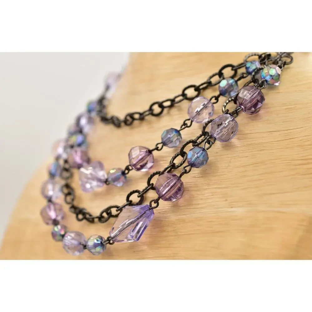 2028 Vintage Necklace Crystal Beaded Collar Purple Gunmetal Signed 1990s BinBD